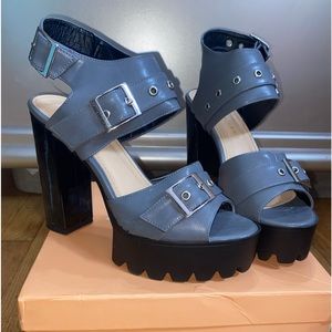 Public Desire Grey Platform Block Heels w| Silver Buckles